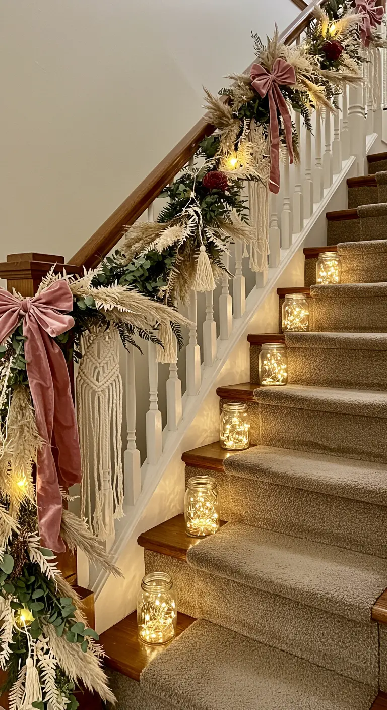 Décoration d'escalier de style bohème avec herbe de la pampa, macramé et rubans en velours rose.