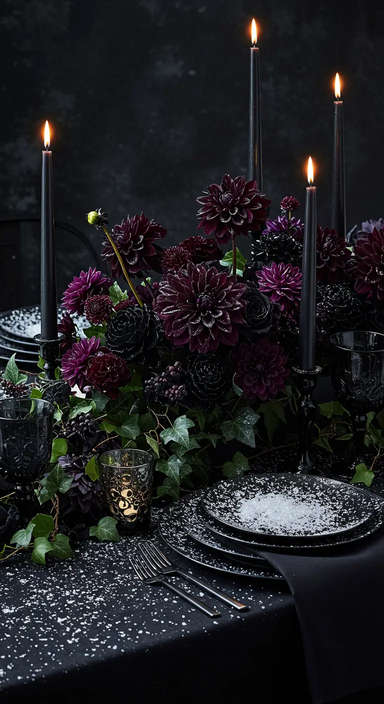 Table de Noël sombre avec fleurs pourpres et bougies noires.
