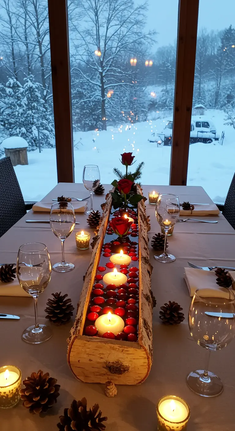 Table de dîner avec vue sur la neige, centre de table en bûche de bois.