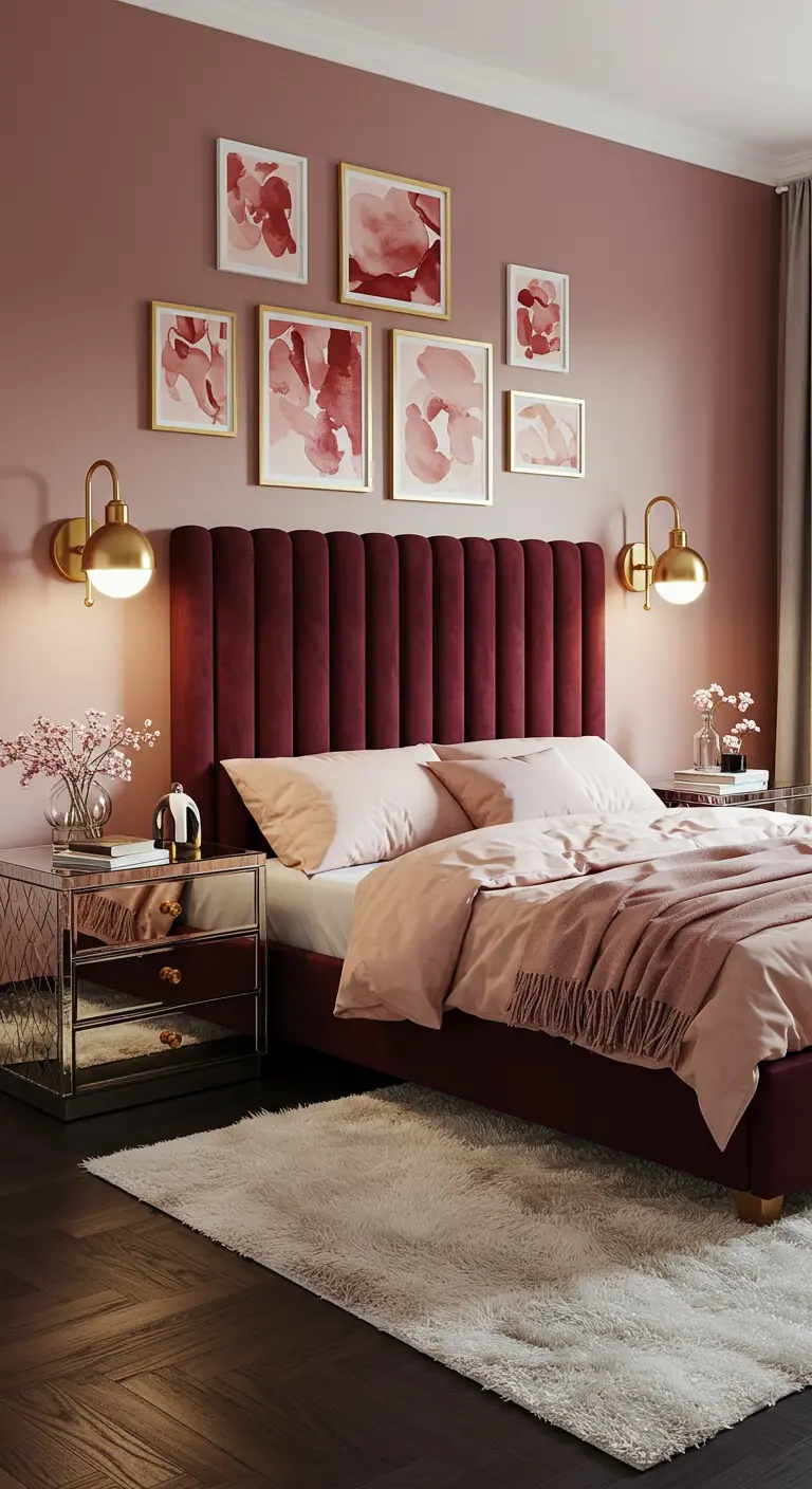 Chambre élégante avec murs rose poudré, tête de lit en velours bordeaux et touches dorées.