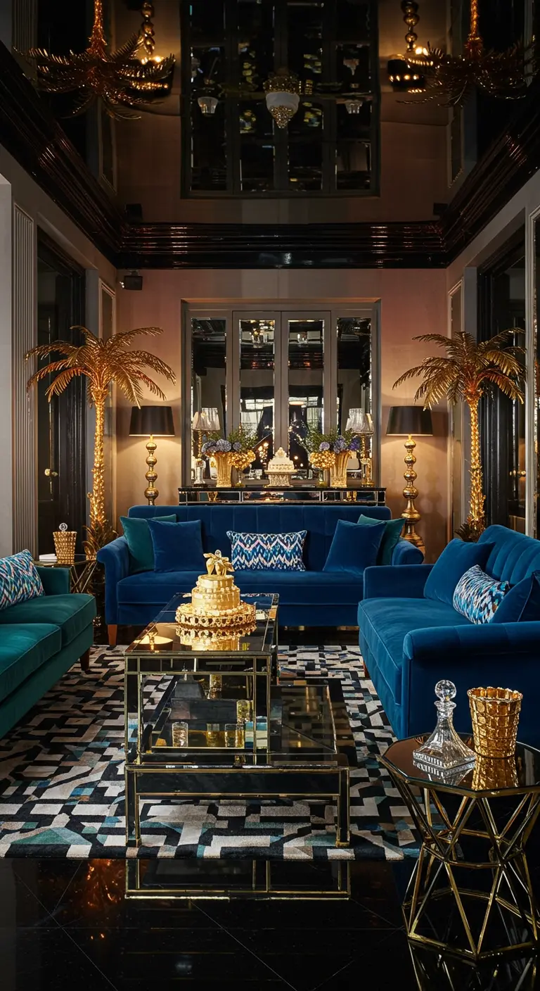 Salon Art déco luxueux avec canapés en velours bleu et détails dorés.