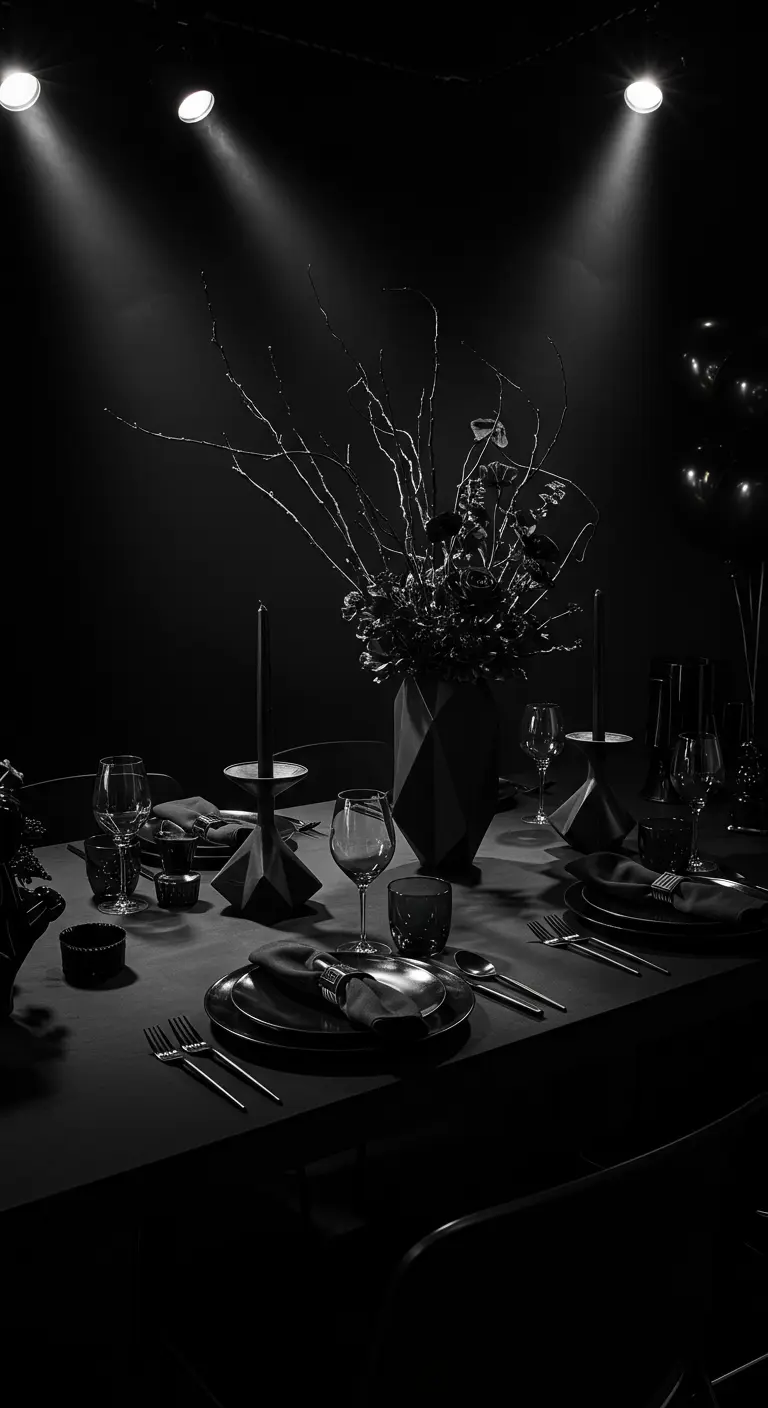 Table de dîner entièrement noire, éclairée par des spots, avec un centre de table de branches.