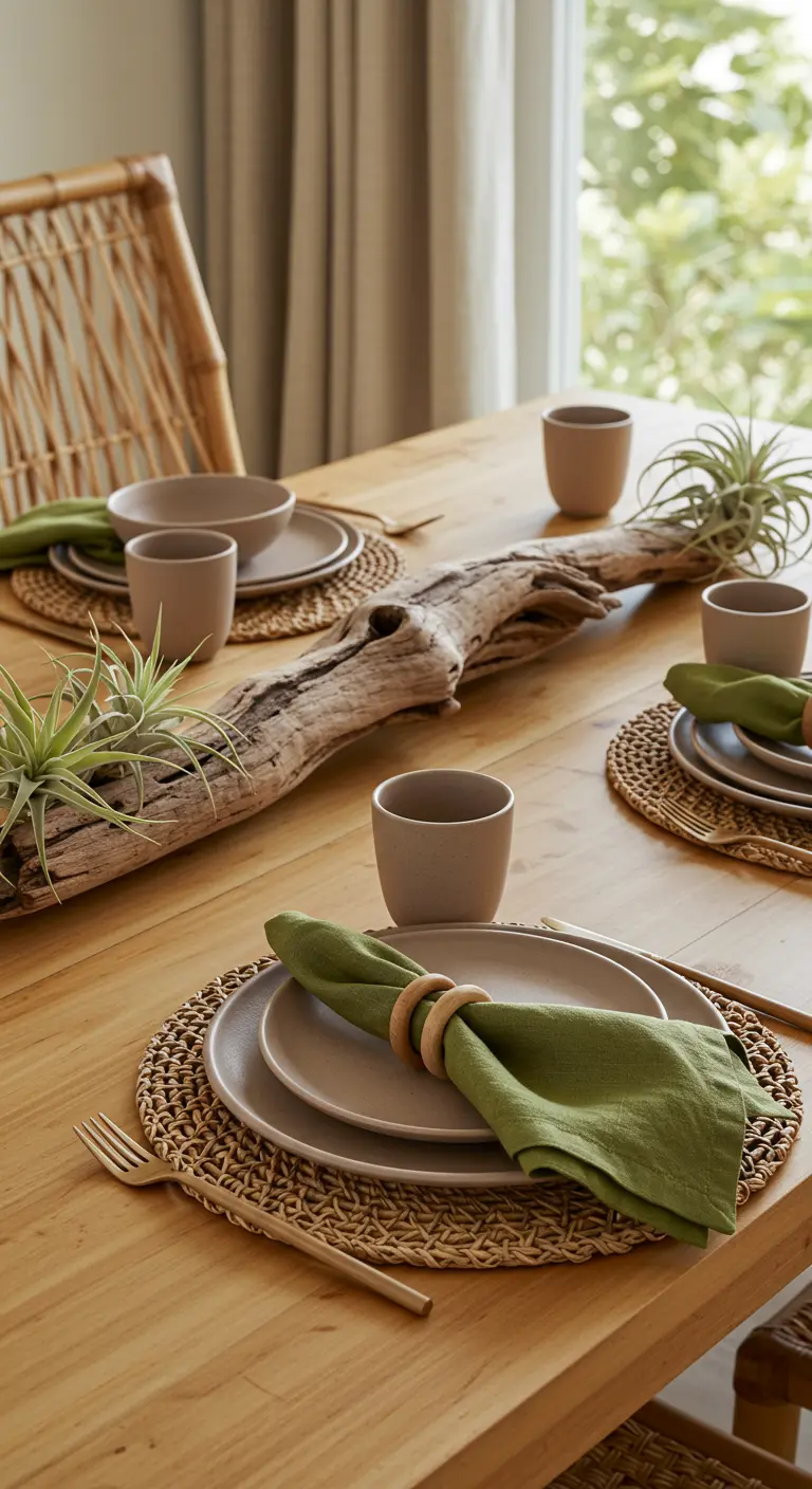 Table en bois de style bohème avec des sets de table tissés et du bois flotté.