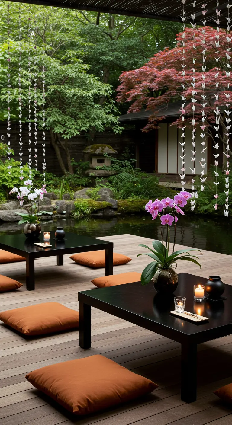 Espace lounge zen dans un jardin japonais avec des guirlandes d'origami et des orchidées.