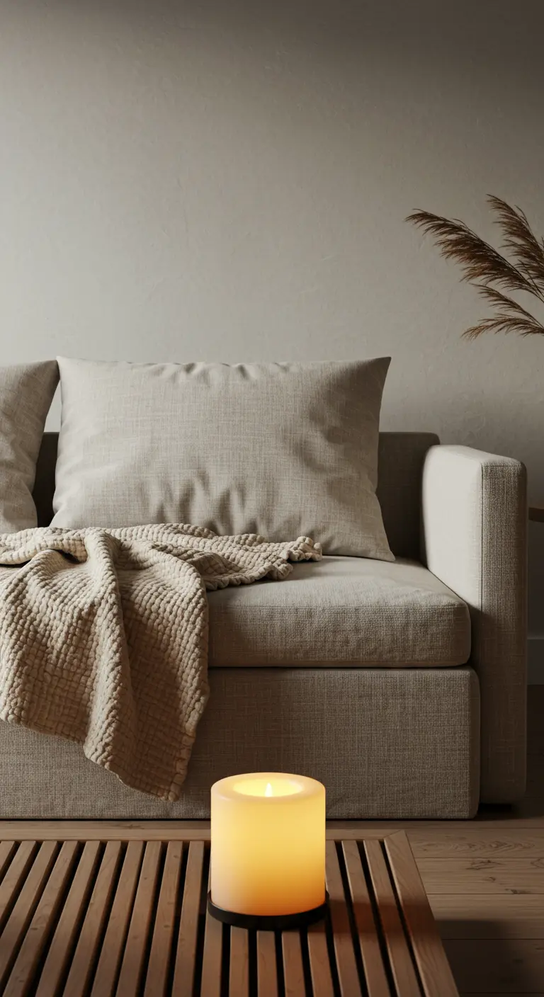 Canapé beige minimaliste avec plaid gaufré et une grande bougie LED.