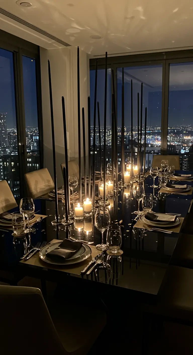 Table de dîner luxueuse avec de très hautes bougies noires devant une baie vitrée.