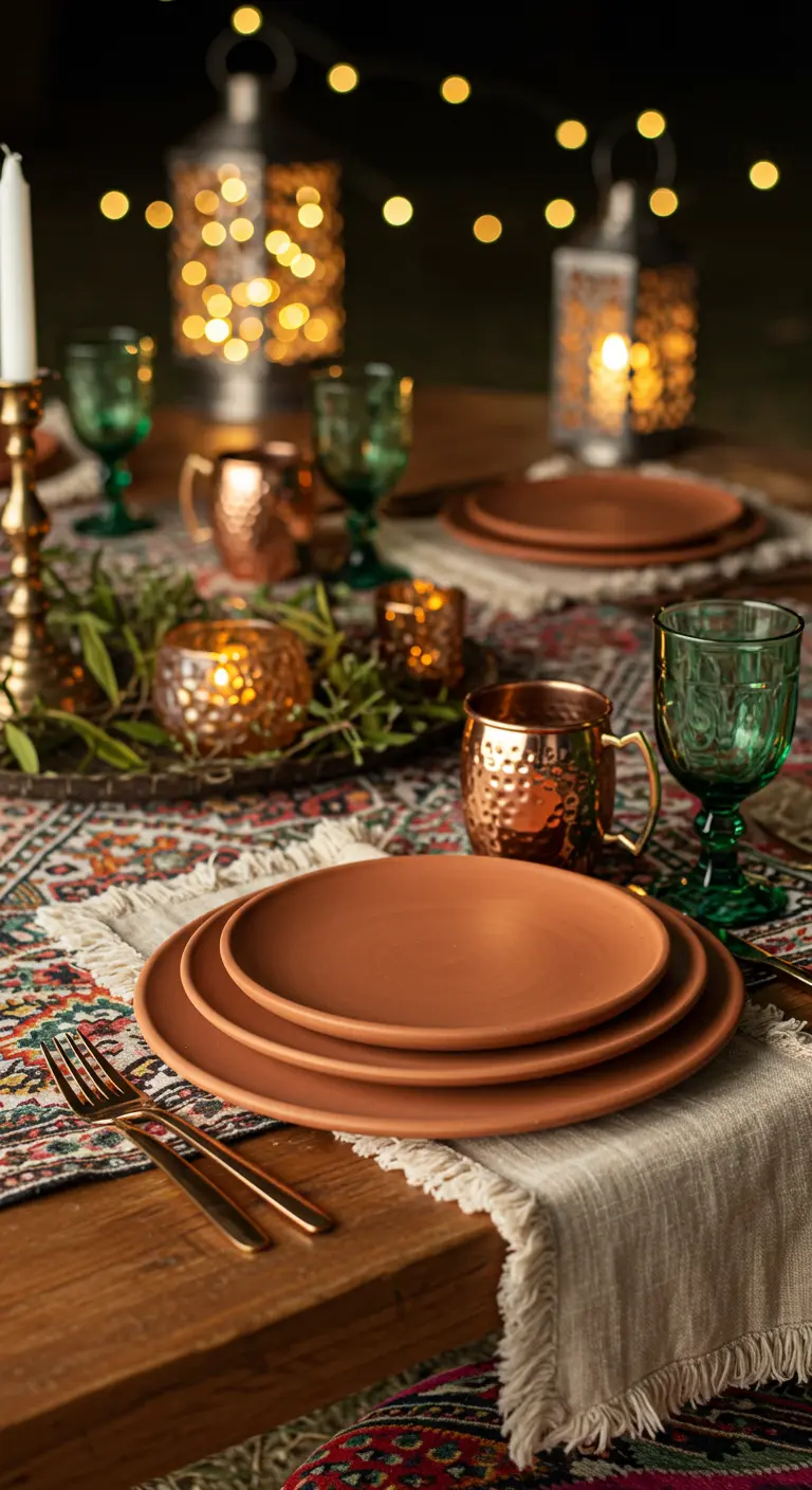 Table bohème de soirée avec assiettes en terre cuite et lanternes.