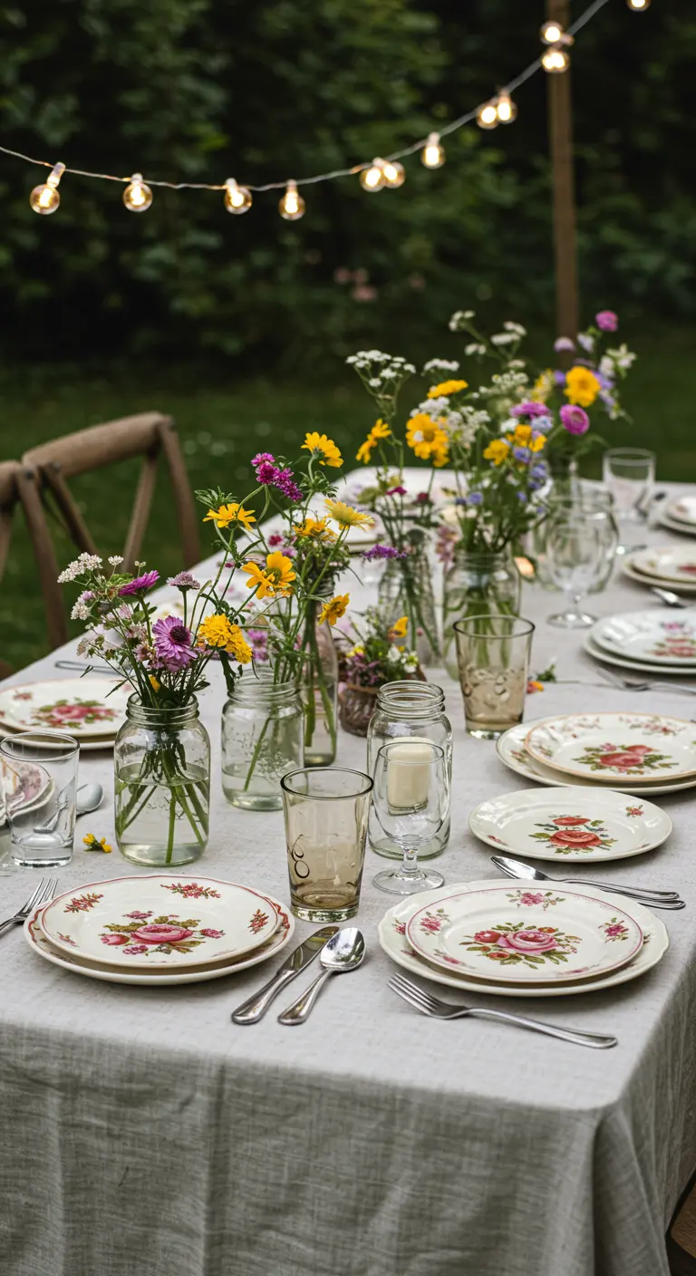 Table de jardin avec vaisselle florale vintage et guirlande lumineuse.