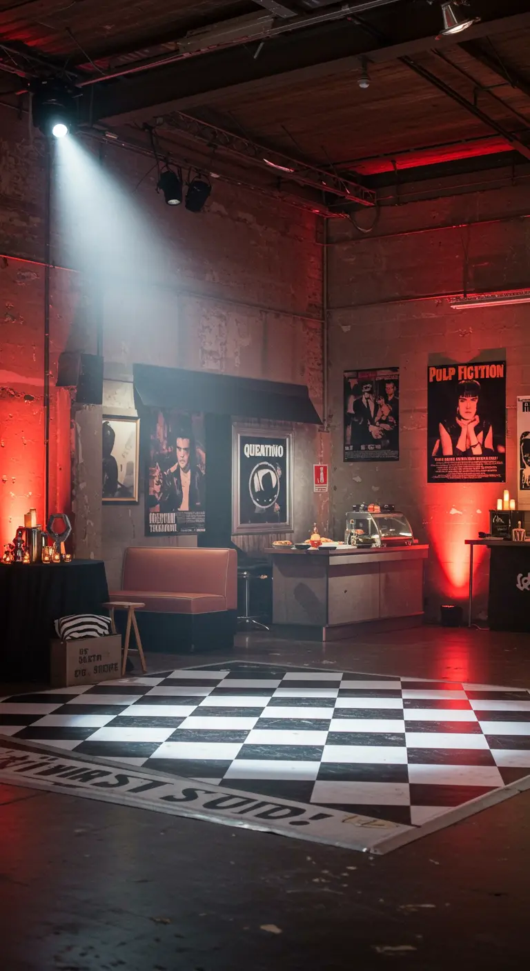 Décor de fête style Tarantino avec piste de danse à damier et affiches de films.