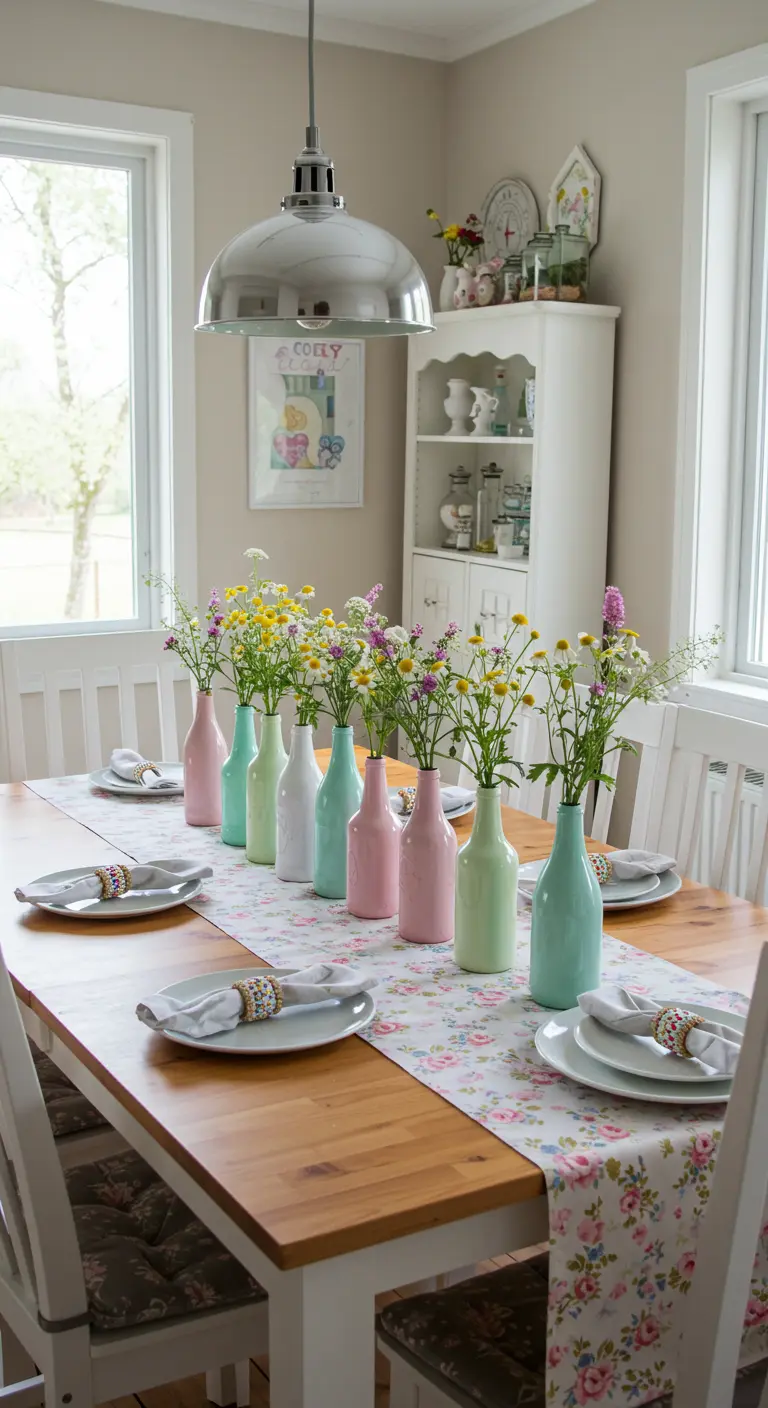 Rangée de bouteilles en verre peintes en pastel, chacune contenant une seule fleur, sur un chemin de table fleuri.