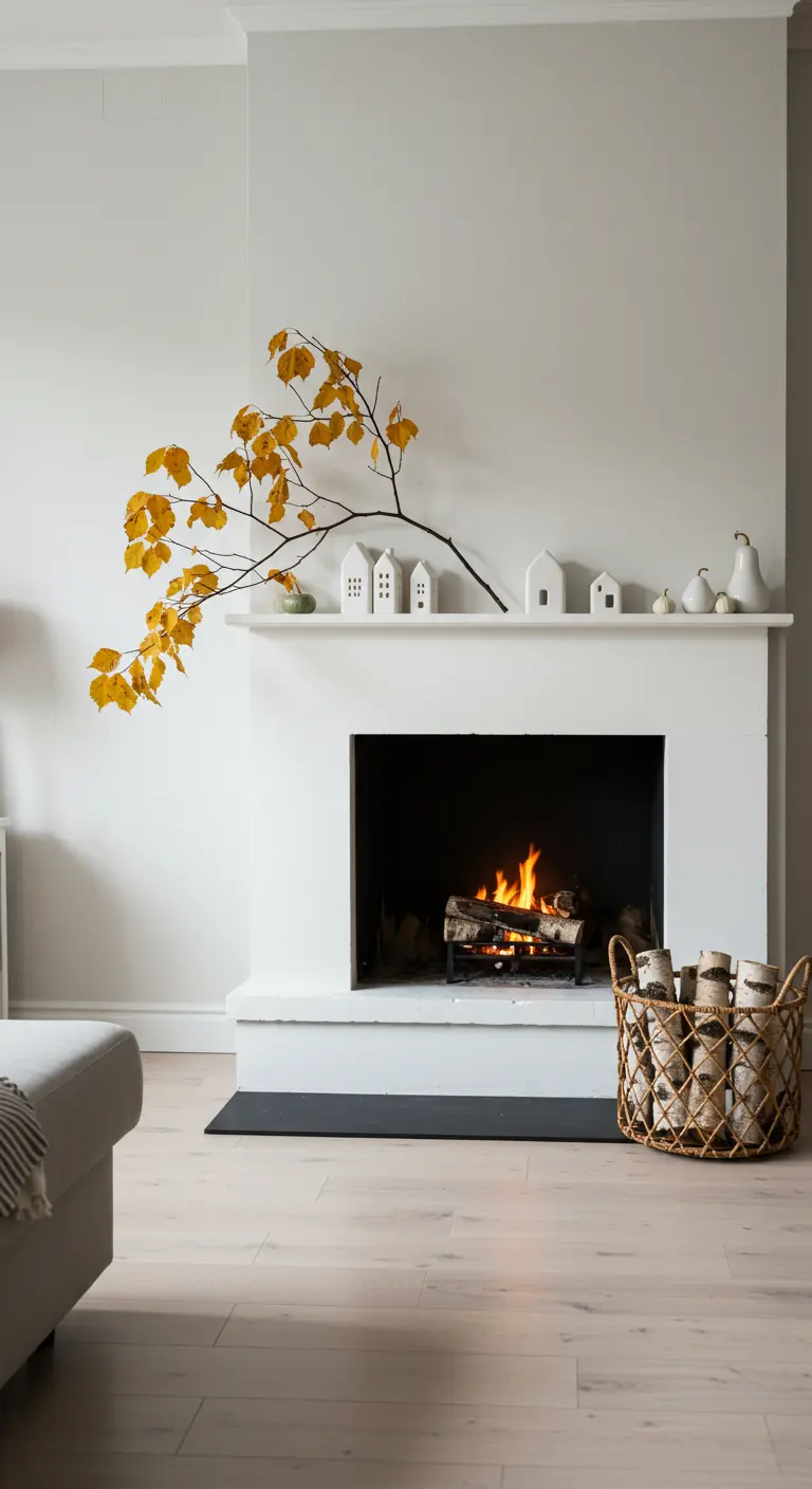 Cheminée blanche minimaliste avec une seule branche d'automne et de petites maisons en céramique.
