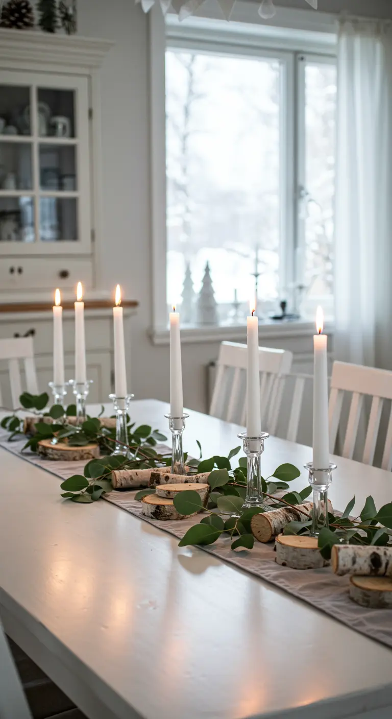 Table blanche avec un centre de table composé de bougies fines, d'eucalyptus et de rondins de bouleau.