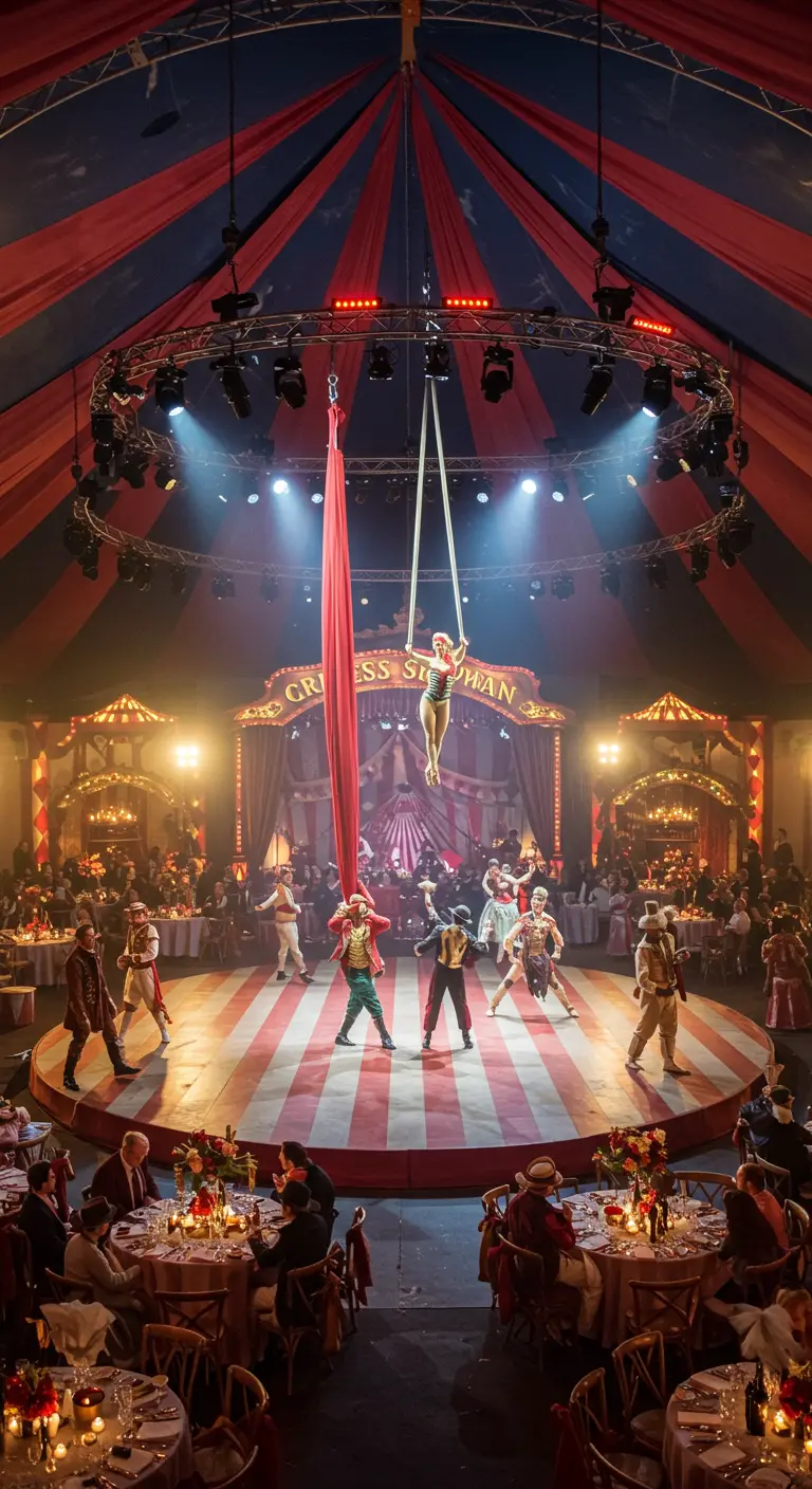 Scène de cirque sous un chapiteau avec des artistes et des spectateurs à table.