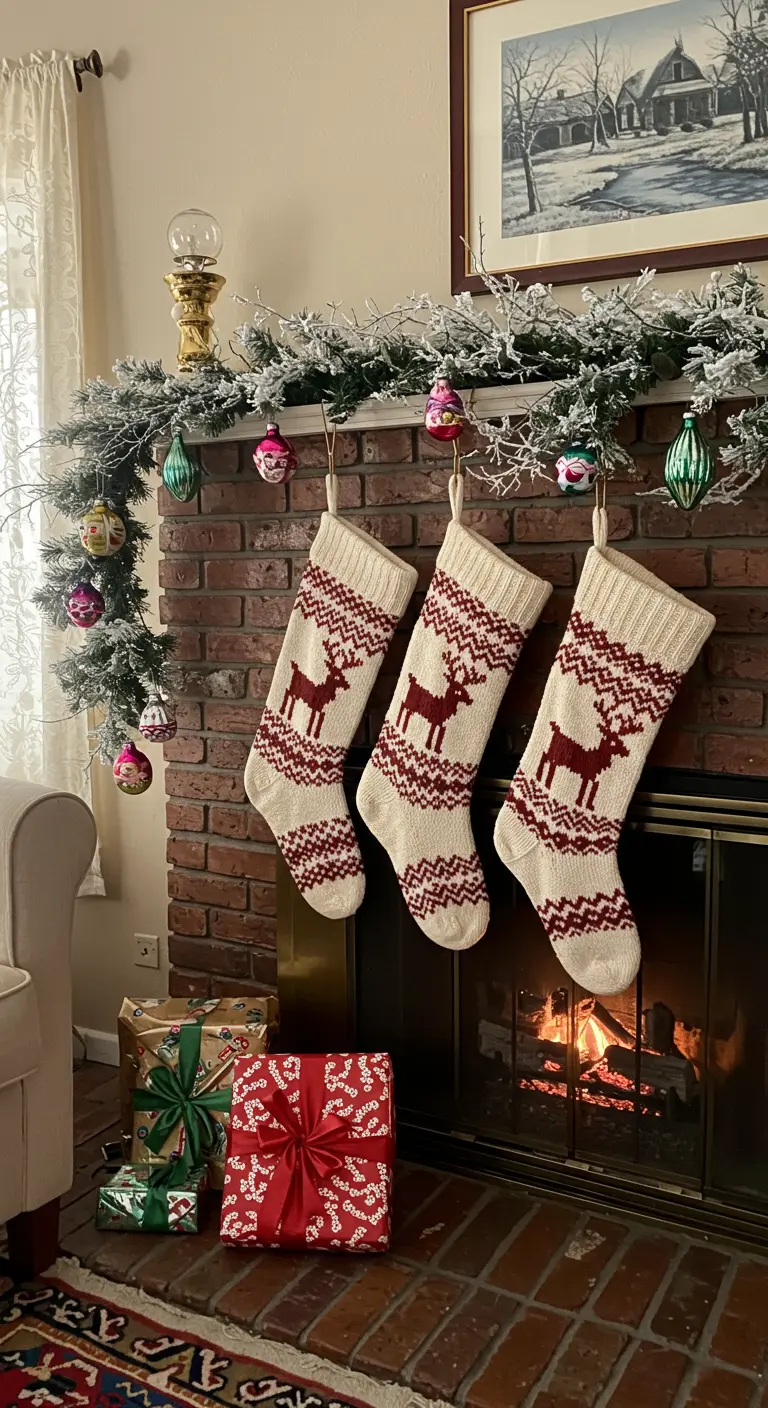 Cheminée en briques avec chaussettes à motifs de rennes et ornements vintage.