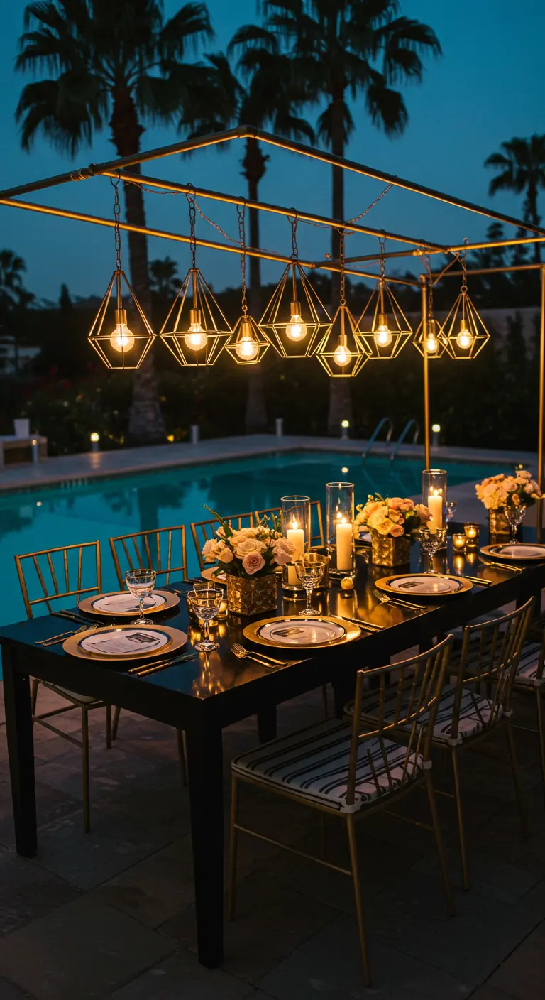 Table de dîner noire avec une structure dorée suspendue et des lumières géométriques.