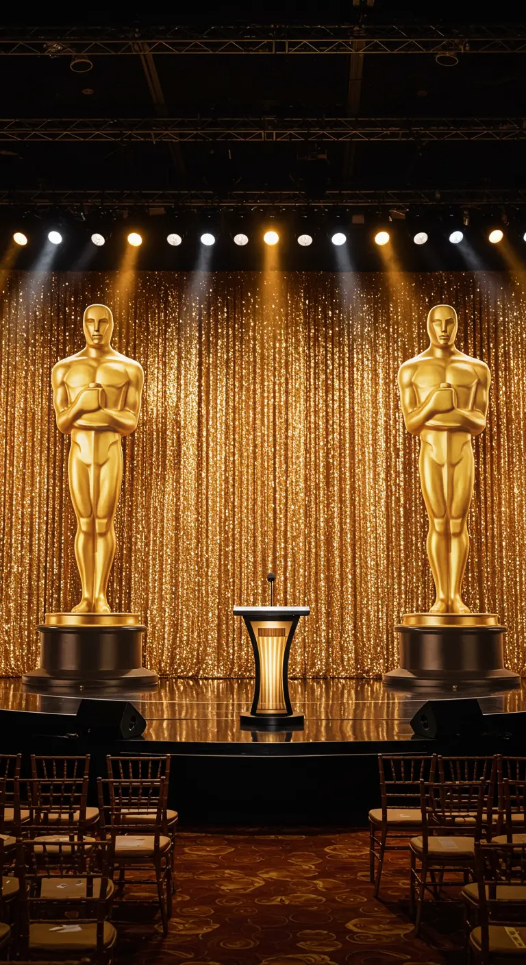 Scène des Oscars avec un rideau à paillettes dorées et deux grandes statues.