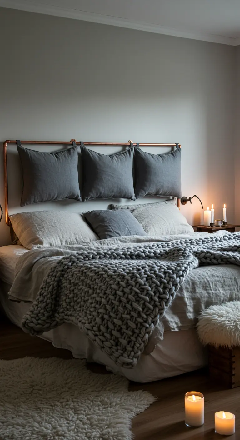 Une tringle en cuivre supporte des coussins gris suspendus, créant une tête de lit originale.