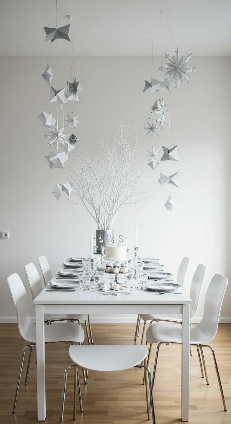 Table minimaliste blanche avec des flocons en papier suspendus au-dessus.