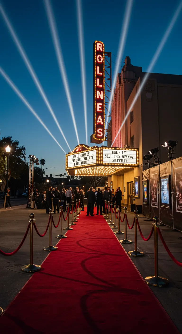 Tapis rouge menant à l'entrée d'un cinéma, bordé de potelets dorés.