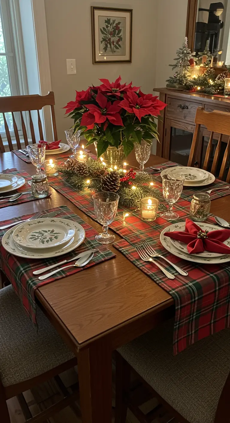 Table de Noël traditionnelle avec un chemin de table en tartan et un poinsettia.