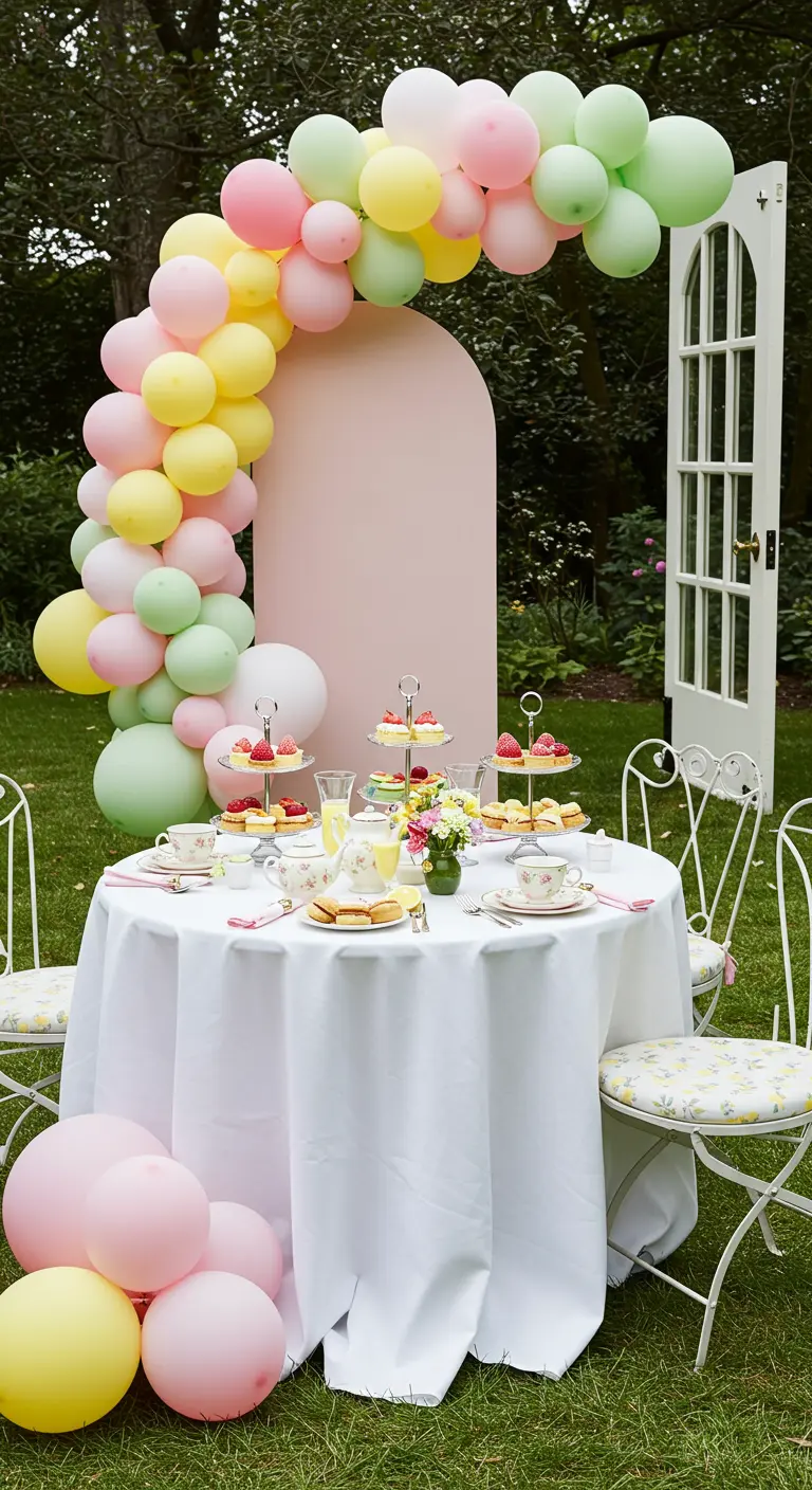 Table de goûter dans un jardin avec une arche de ballons pastel et de la vaisselle fleurie.