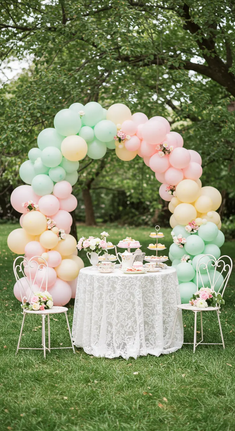 Arche de ballons pastel (rose, jaune, vert) au-dessus d'une petite table de goûter dans un jardin.