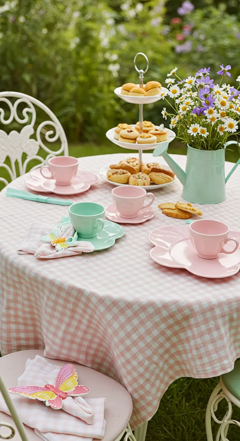 Table de goûter dans un jardin avec une nappe vichy rose et de la vaisselle pastel.