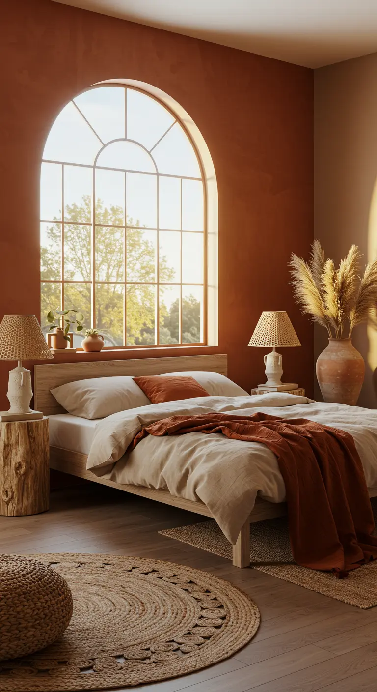 Chambre aux murs terracotta avec une grande fenêtre en arche et un lit en bois clair.