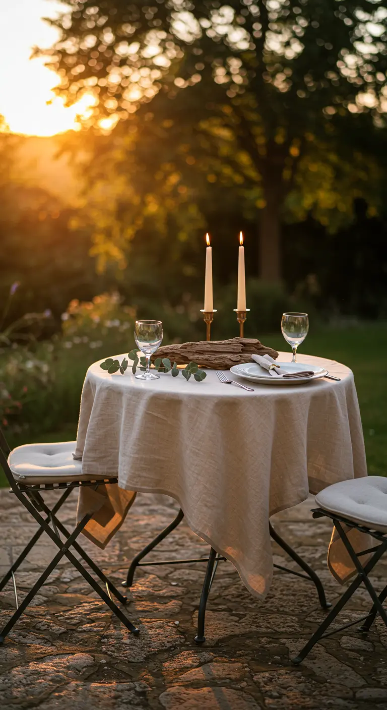 Petite table pour deux en extérieur avec bois flotté et deux hautes bougies blanches.
