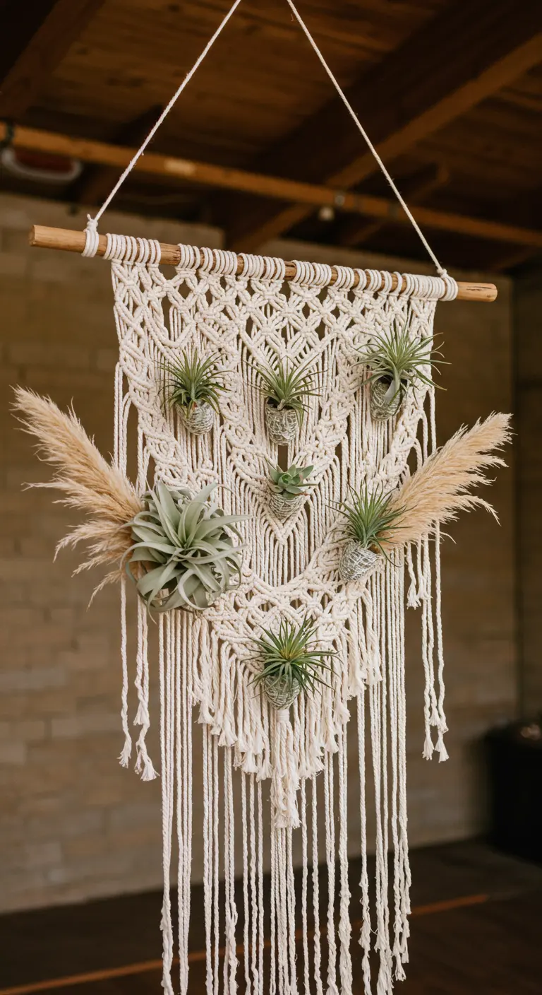 Grande tenture en macramé suspendue, ornée de plantes aériennes.