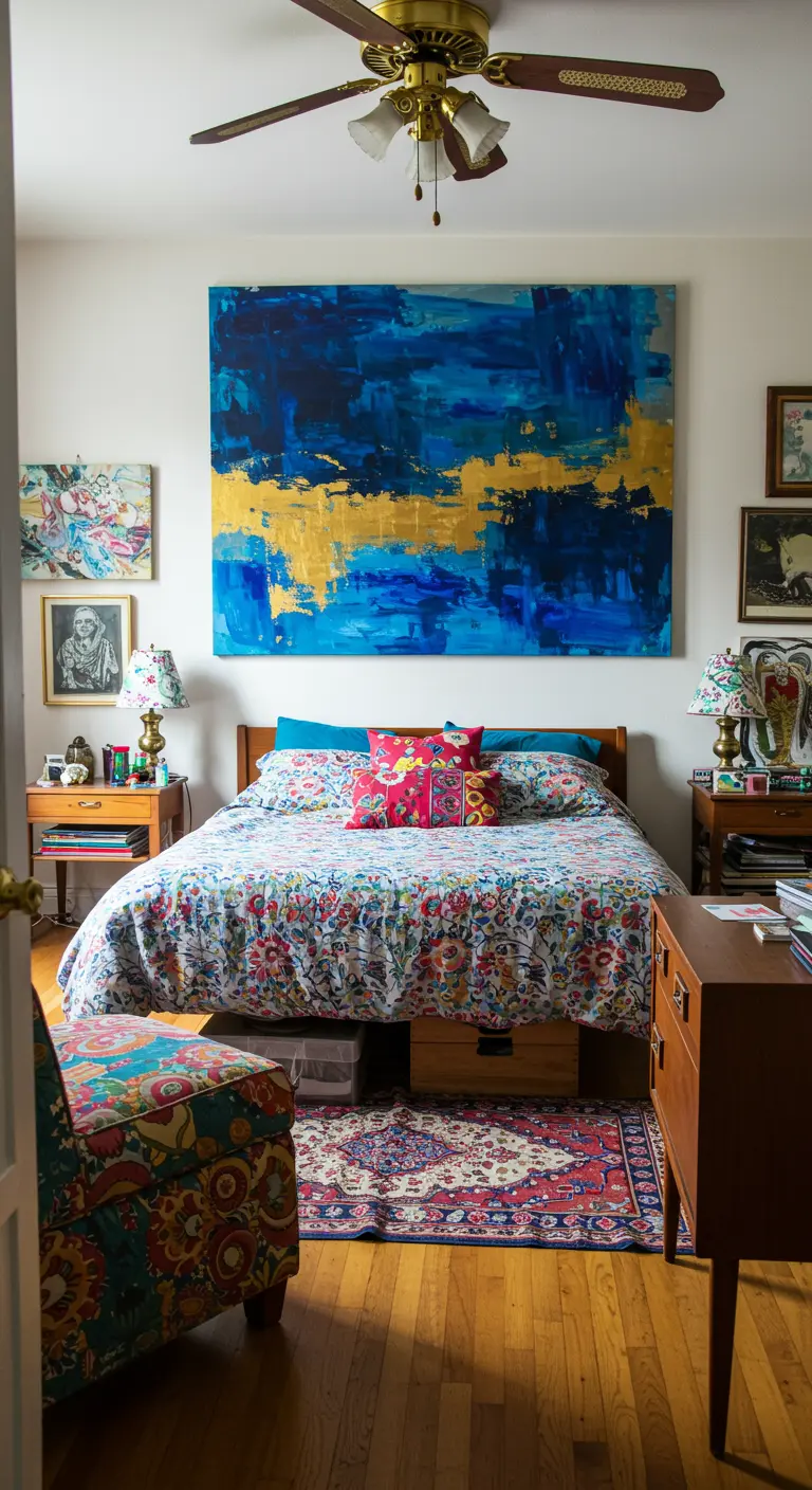 Une grande peinture abstraite aux tons bleus et dorés est accrochée au-dessus d'un lit coloré.