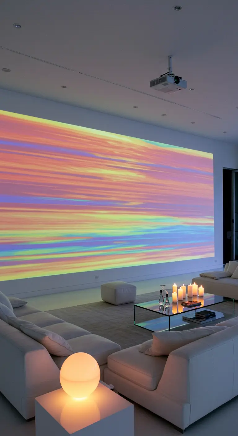 Un vidéoprojecteur diffuse une image abstraite et colorée sur le grand mur d'un salon moderne.