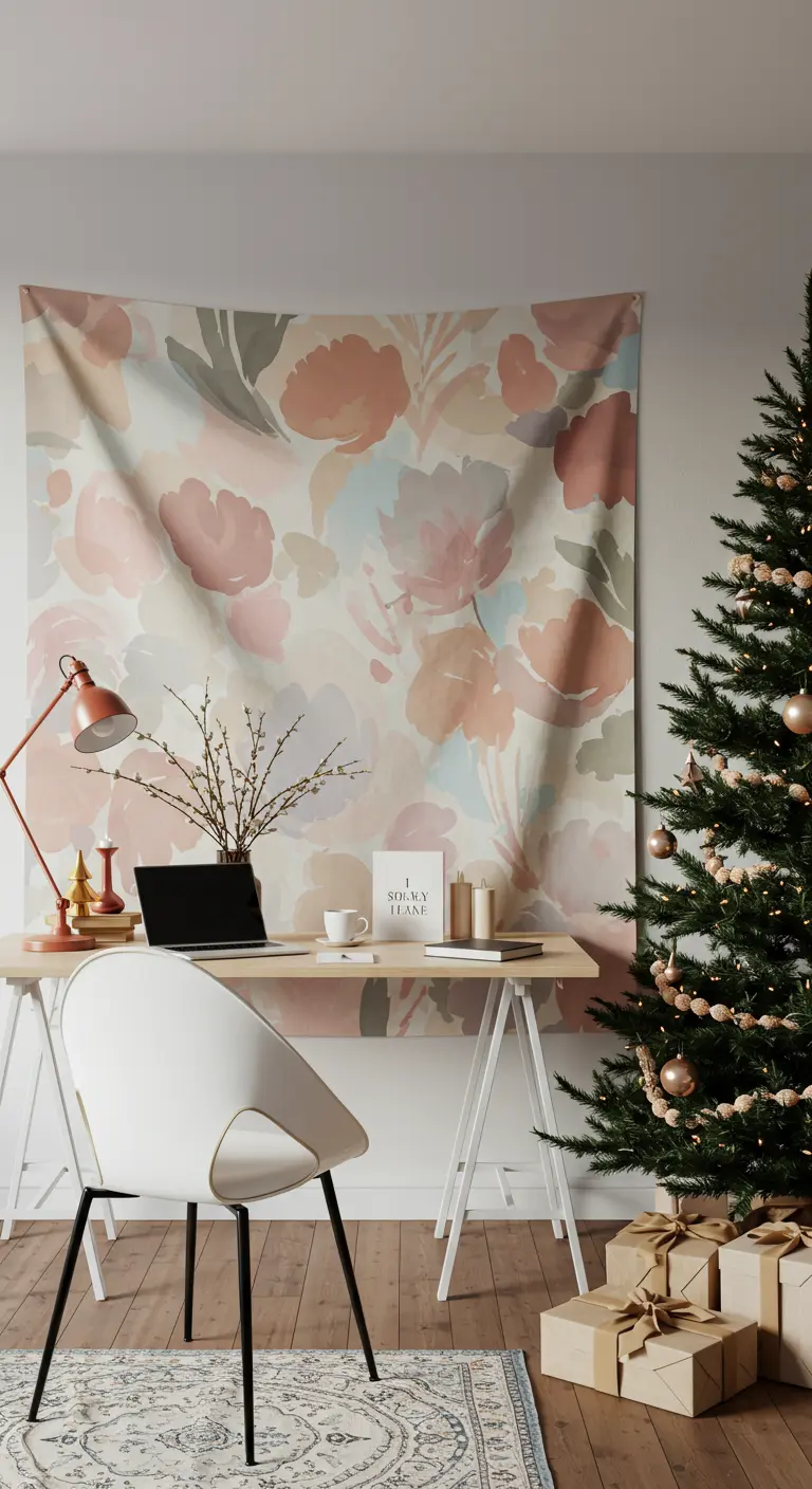 Une grande tenture murale à motifs floraux pastel derrière un bureau.