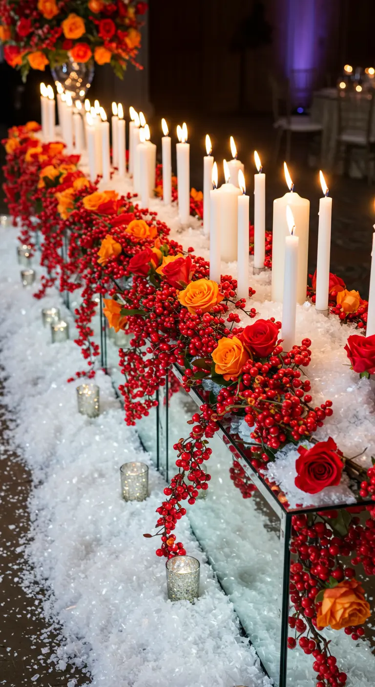 Chemin de table miroir avec fleurs rouges, baies et neige.