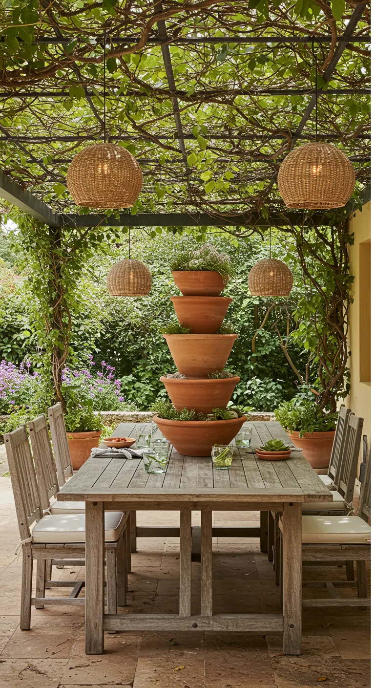Une tour de pots en terre cuite empilés et plantés, servant de centre de table en extérieur.