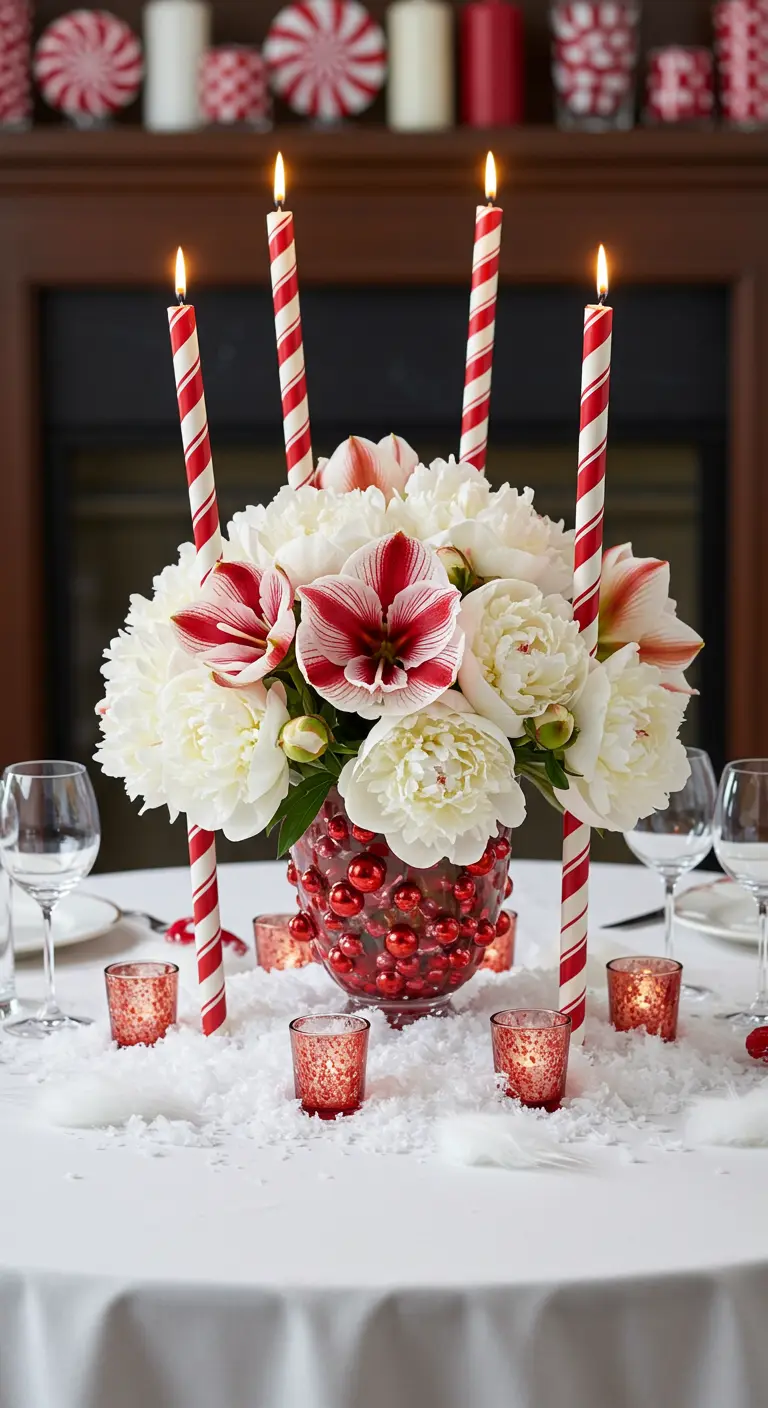 Centre de table avec pivoines blanches et bougies sucre d'orge.