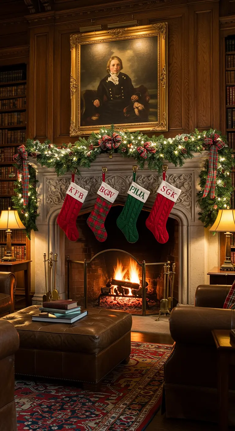 Cheminée traditionnelle avec chaussettes rouges, vertes et tartan.