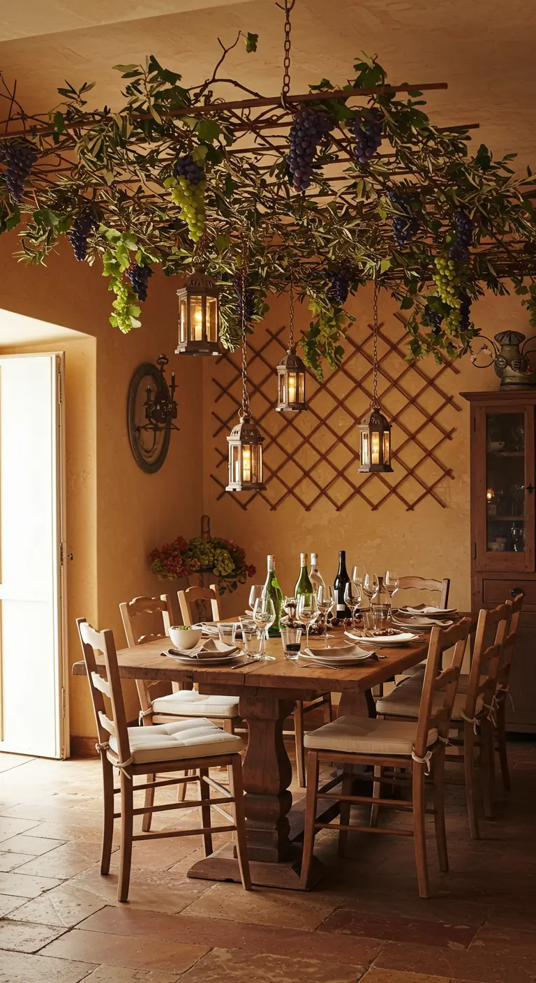 Un treillis en bois au plafond couvert de vigne et de raisin, avec des lanternes suspendues au-dessus d'une table.