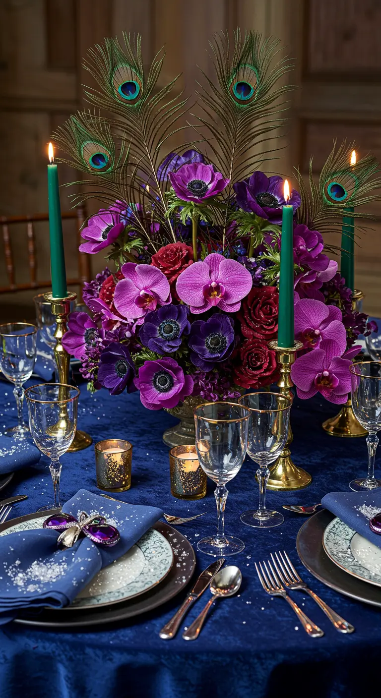 Bouquet de fête aux tons violets avec plumes de paon.