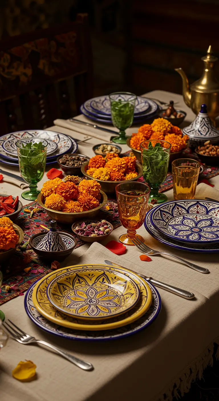 Table de fête orientale avec vaisselle à motifs bleus et jaunes et des bols de fleurs oranges.