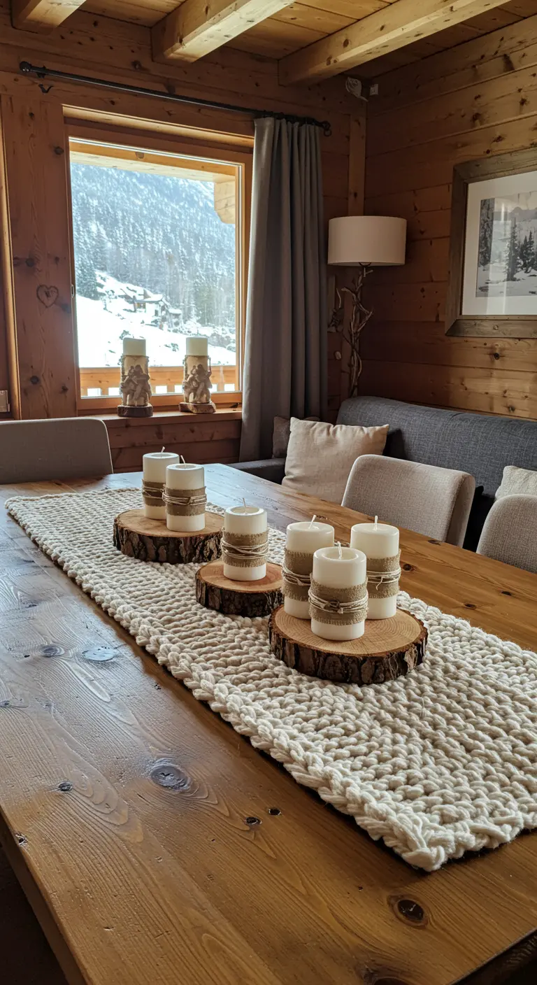Long chemin de table en tricot épais avec des bougies sur des rondins de bois.