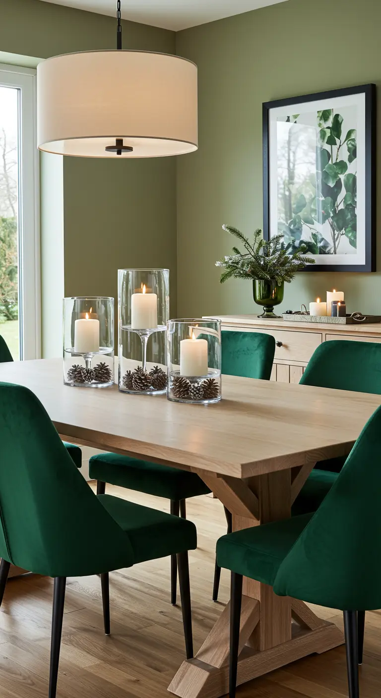 Centre de table moderne avec trois photophores en verre contenant bougies et pommes de pin.