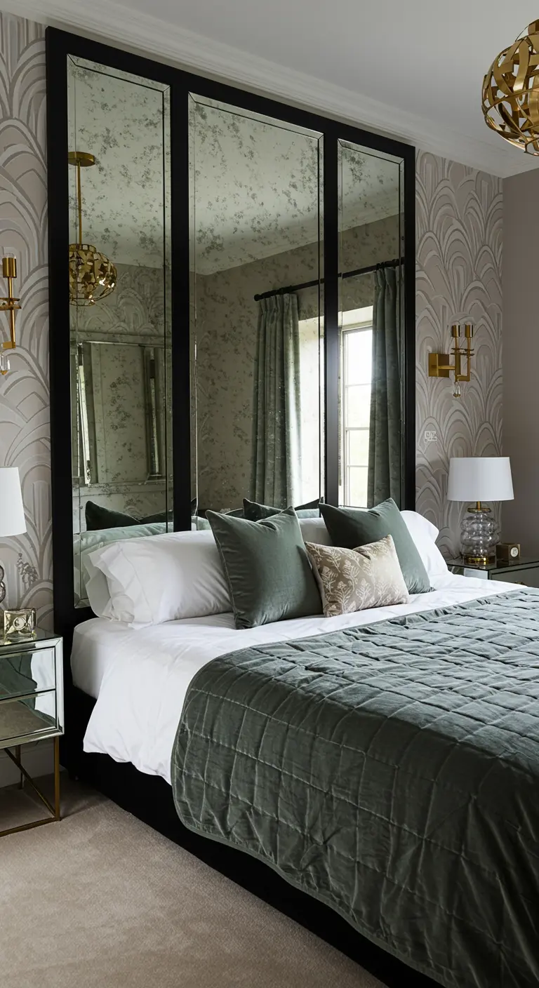 Trois grands miroirs verticaux avec un cadre noir forment une tête de lit réfléchissante.