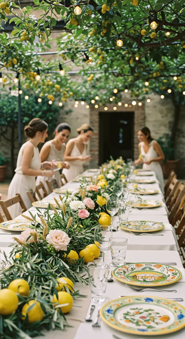 Longue table de mariage décorée de citrons, d'olivier et de roses.