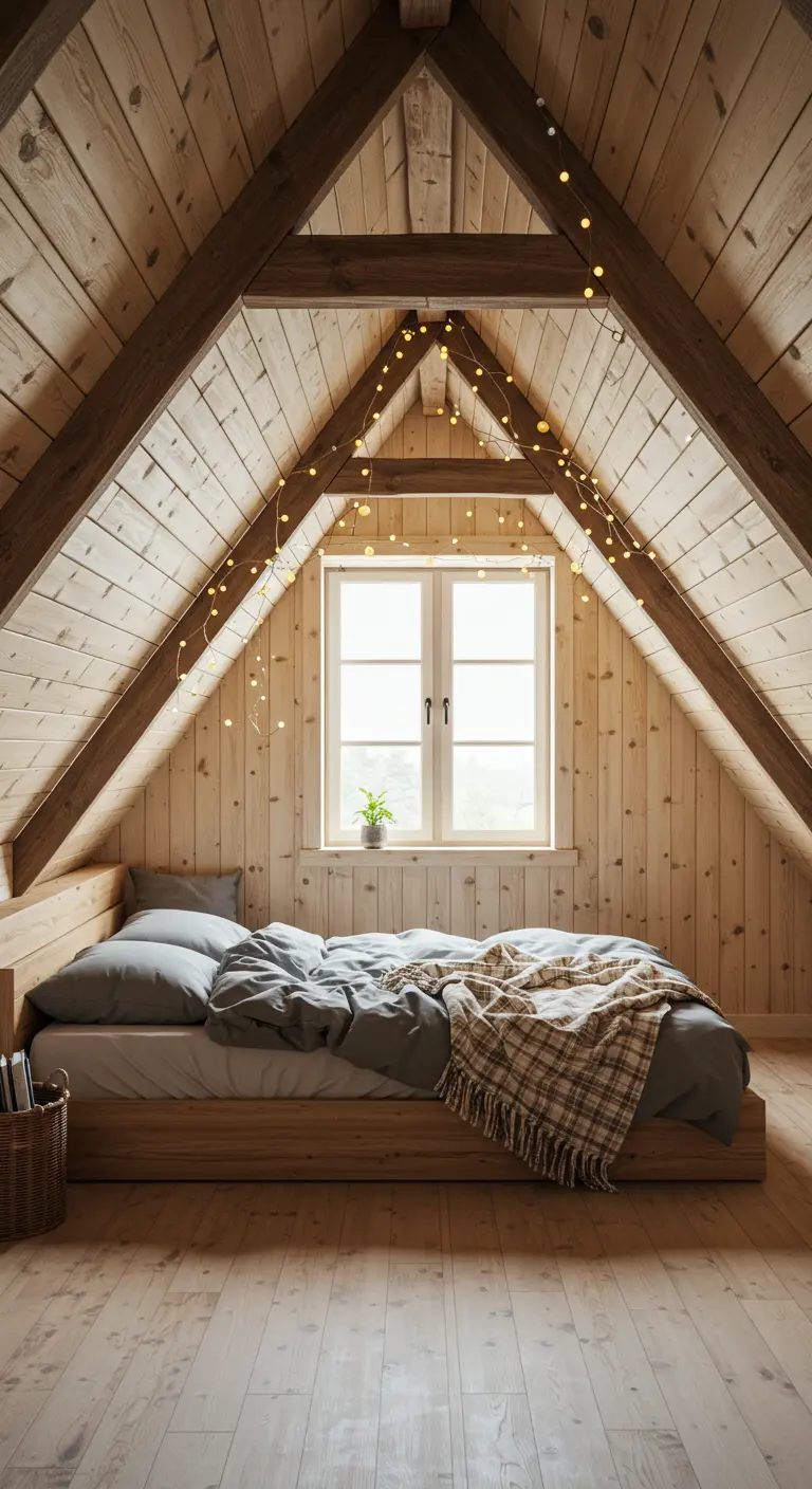 Chambre mansardée en bois avec des guirlandes lumineuses au-dessus du lit.