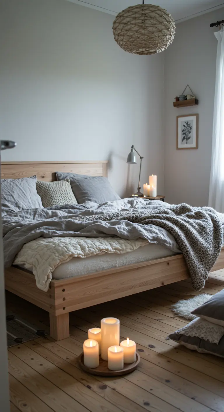 Lit scandinave en bois avec un groupement de bougies allumées au sol à côté.