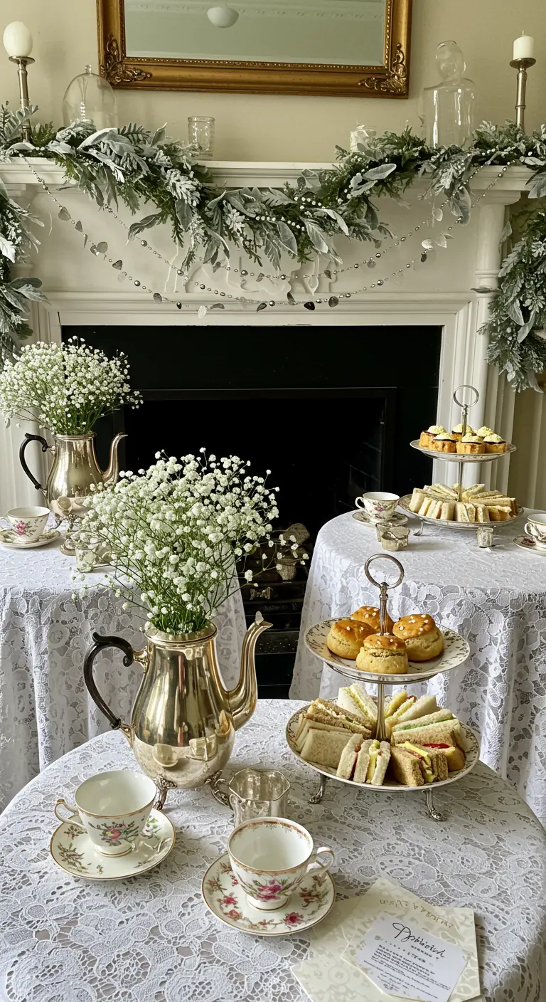Goûter chic avec théières en argent, nappes en dentelle et décorations givrées.