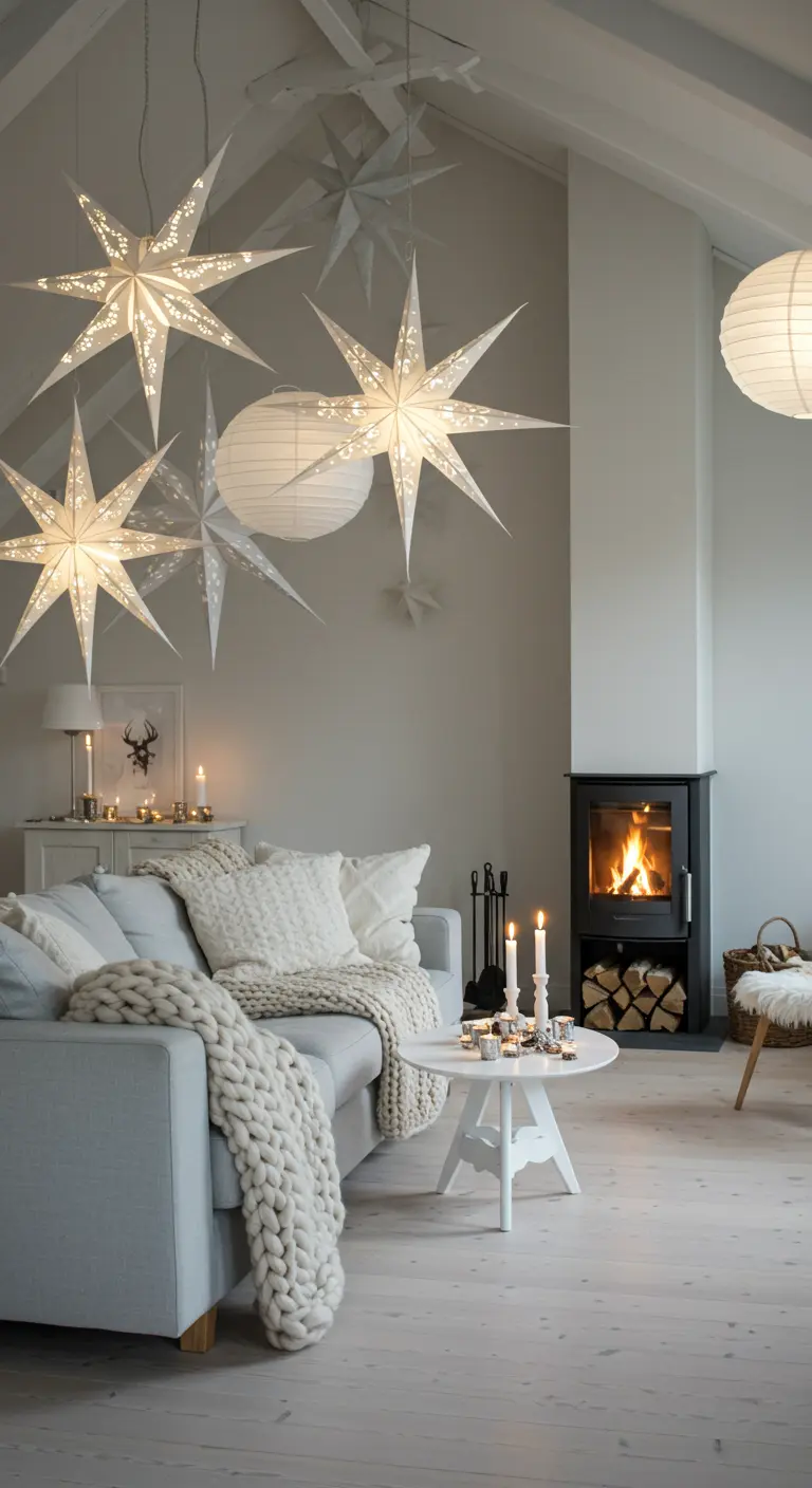 Salon scandinave avec des étoiles en papier lumineuses suspendues au plafond.