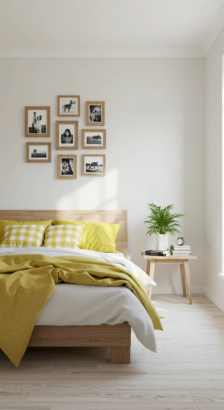 Chambre scandinave avec un mur de cadres, du linge de lit blanc et des touches de jaune.