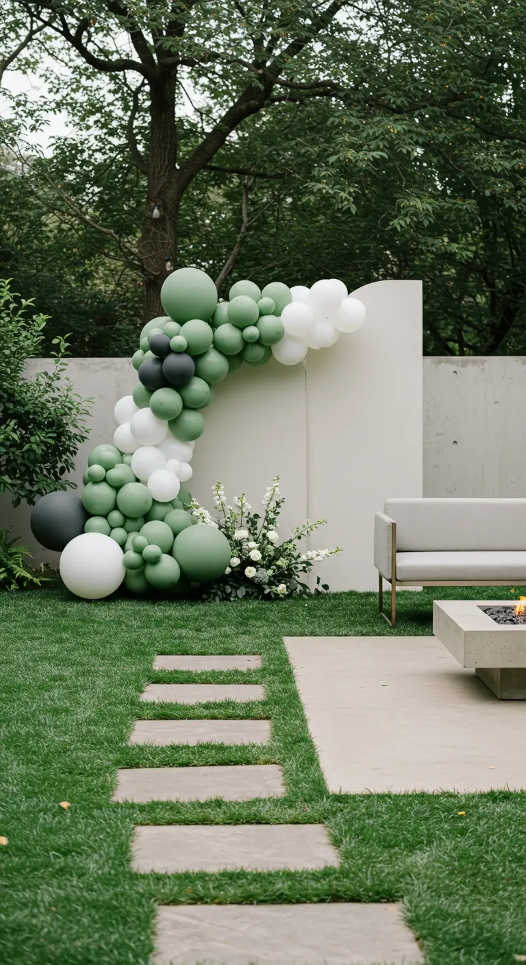 Arche de ballons asymétrique en dégradé de verts, blancs et noirs dans un jardin moderne.